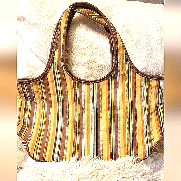 STRIPED LARGE TOTE SHOPPING BAG UNIQUE HAND MADE WITH SEQUINS ACCENT NWOT - Picture 4 of 11